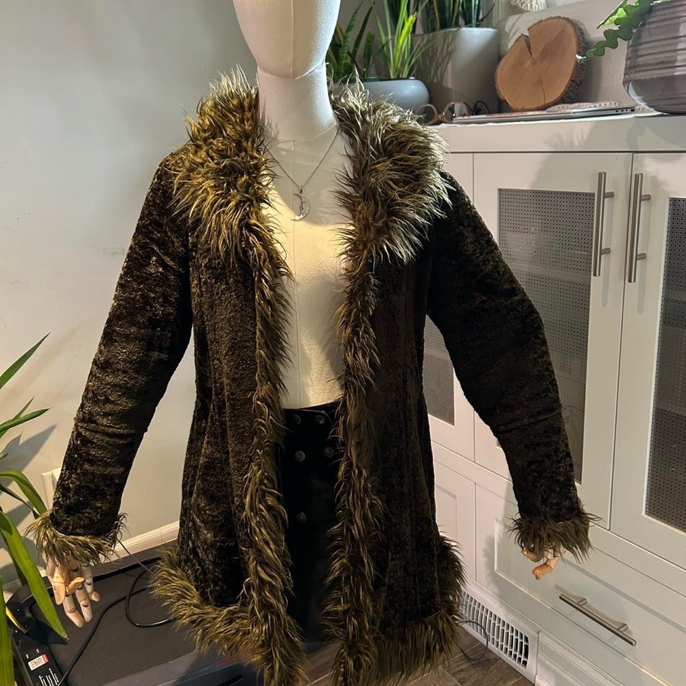 Moss green afghan penny lane coat jacket vintage 90s faux fur